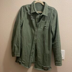 Large green denim, distressed button up